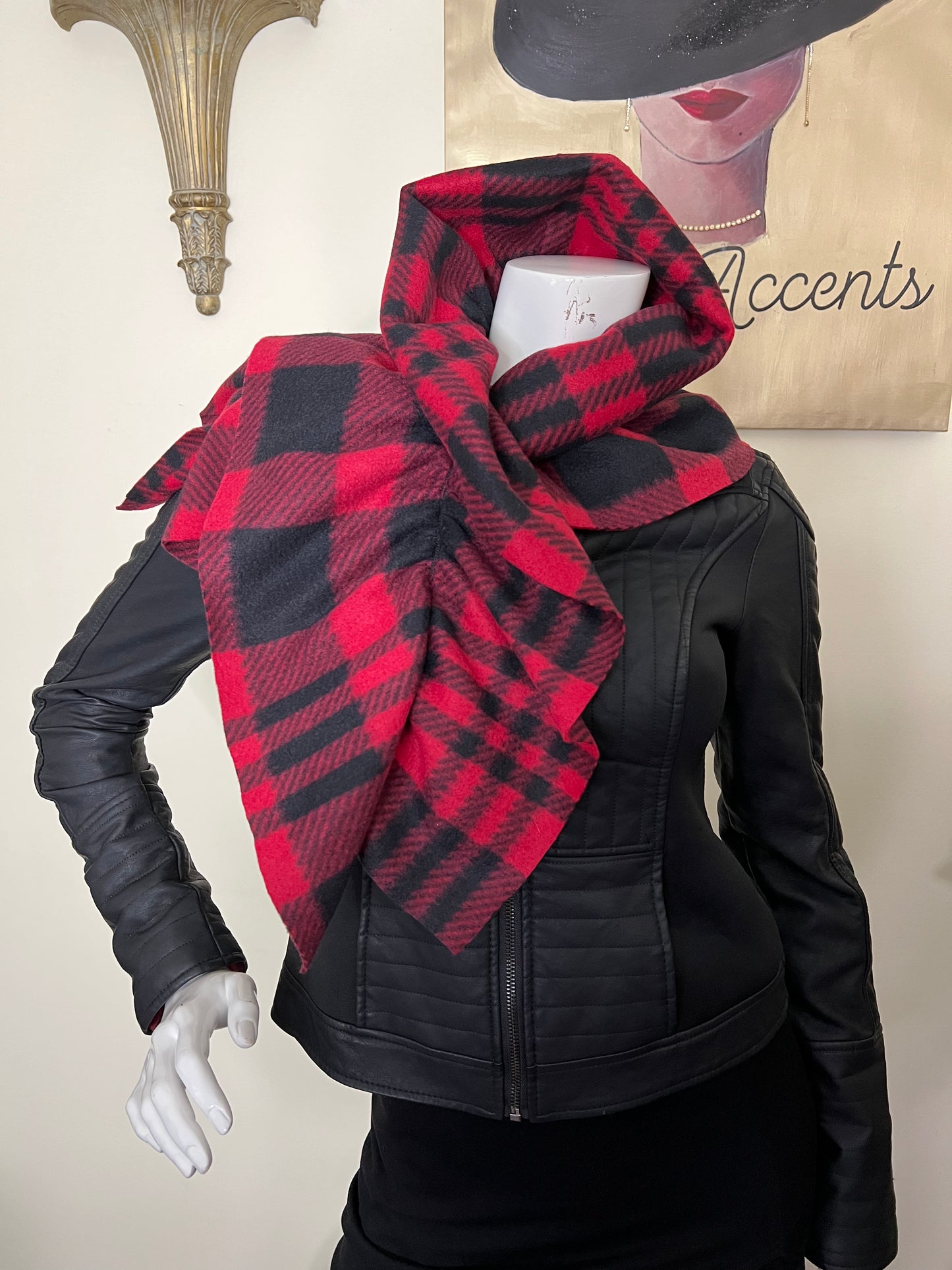 Red black plaid scarf ruffle scarf fleece scarf