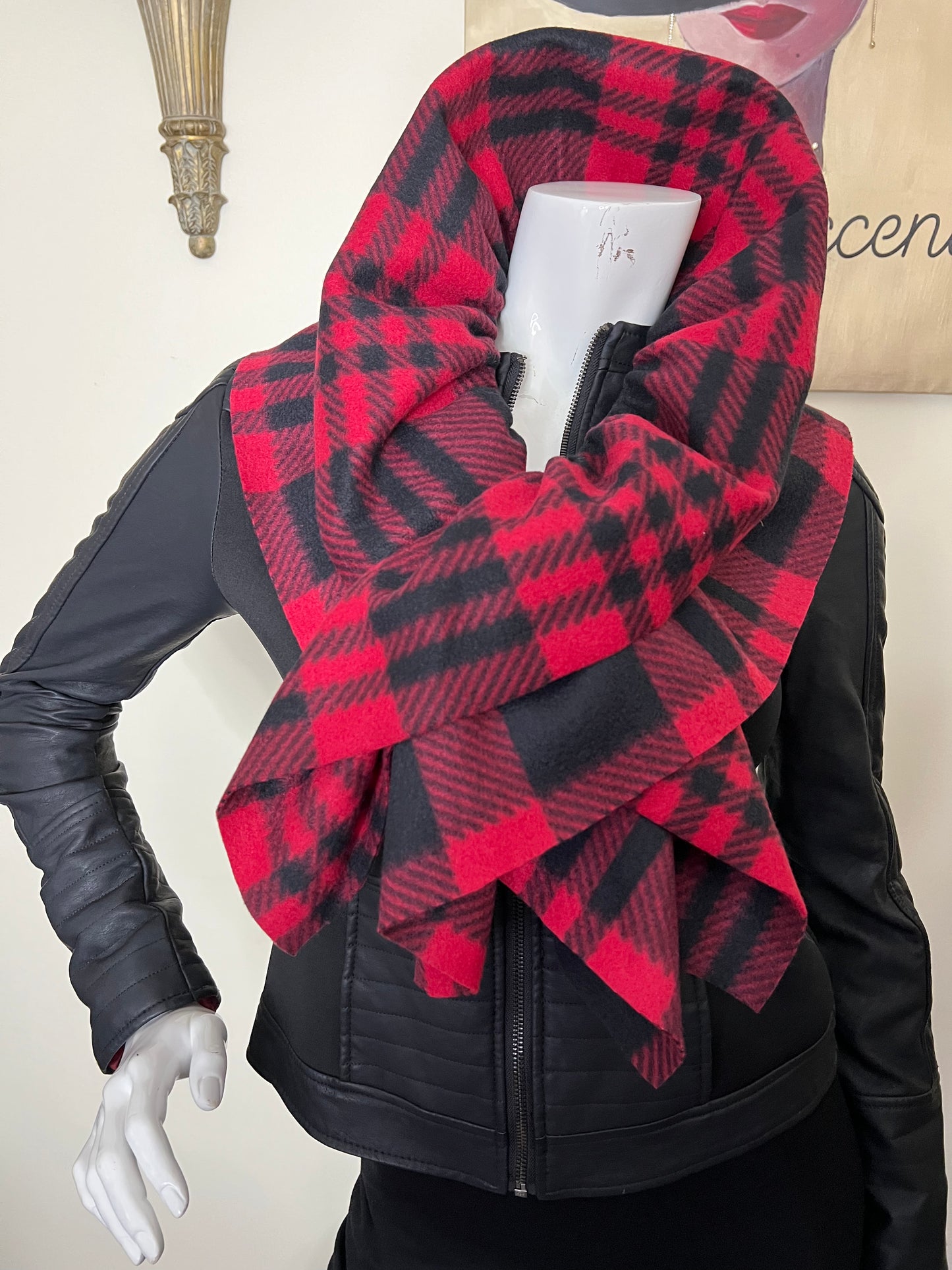 Red black plaid scarf ruffle scarf fleece scarf